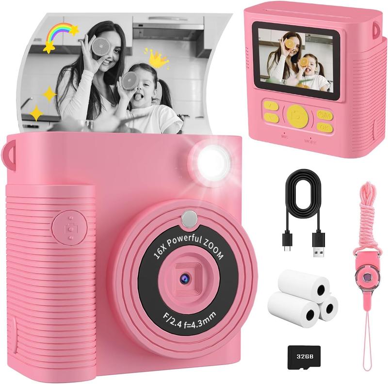 Camera Instant Print, Christmas Birthday Gifts Girls Boys Aged 3-12, HD Digital Video Cameras , Instant Cameras for  6 7 8 9 10 Year Old Girls Boys with Print Paper Rechargeable Sd