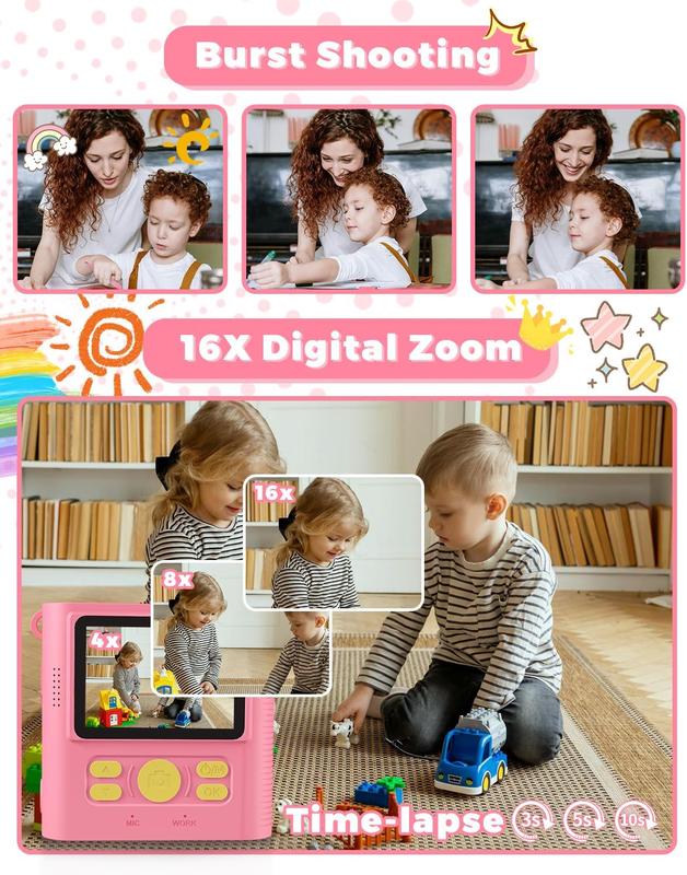 Camera Instant Print, Christmas Birthday Gifts Girls Boys Aged 3-12, HD Digital Video Cameras , Instant Cameras for  6 7 8 9 10 Year Old Girls Boys with Print Paper Rechargeable Sd