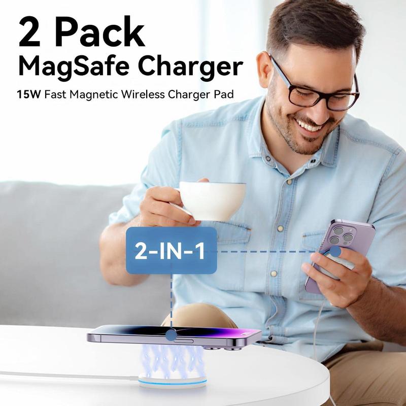 2 Pack Magnetic Wireless Charger 15W Fast Charger for iPhone 15 14 13 12 Series Magnet Charging Pad for AirPods 3 2 Pro with 5ft Dual Cables