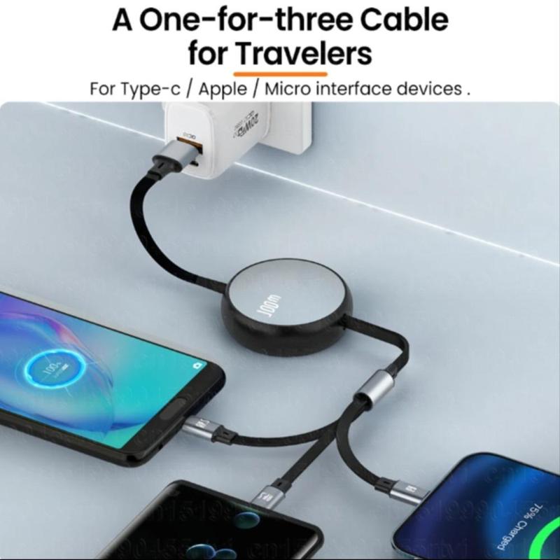 3 In 1 Retractable 6A 100W USB Cable, USB To iOS Type C Micro Fast Charger Cable, Charging Cable Compatible with iPhone 14 13 12 Pro Max Huawei