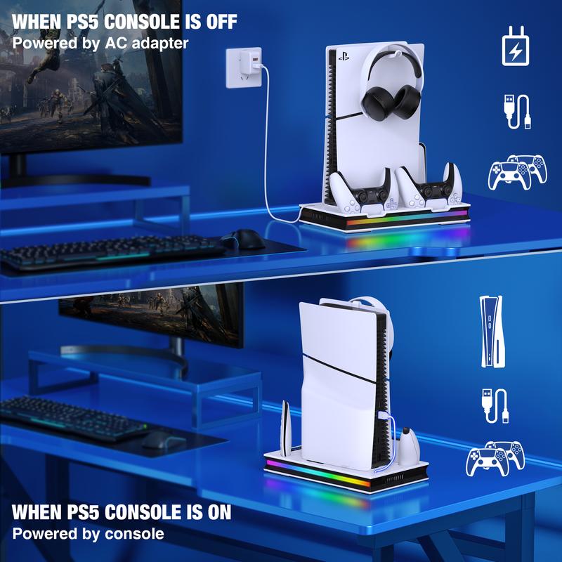 PS5 Cooling Station for PS5 Disc Digital Slim PRO Console with 3-Level Cooling Fan, RGB Lighting, 3-Port USB Hub, Headset Stand, Media Storage Slots