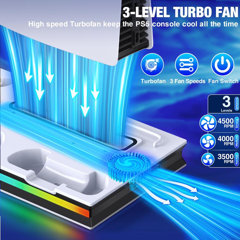 PS5 Cooling Station for PS5 Disc Digital Slim PRO Console with 3-Level Cooling Fan, RGB Lighting, 3-Port USB Hub, Headset Stand, Media Storage Slots