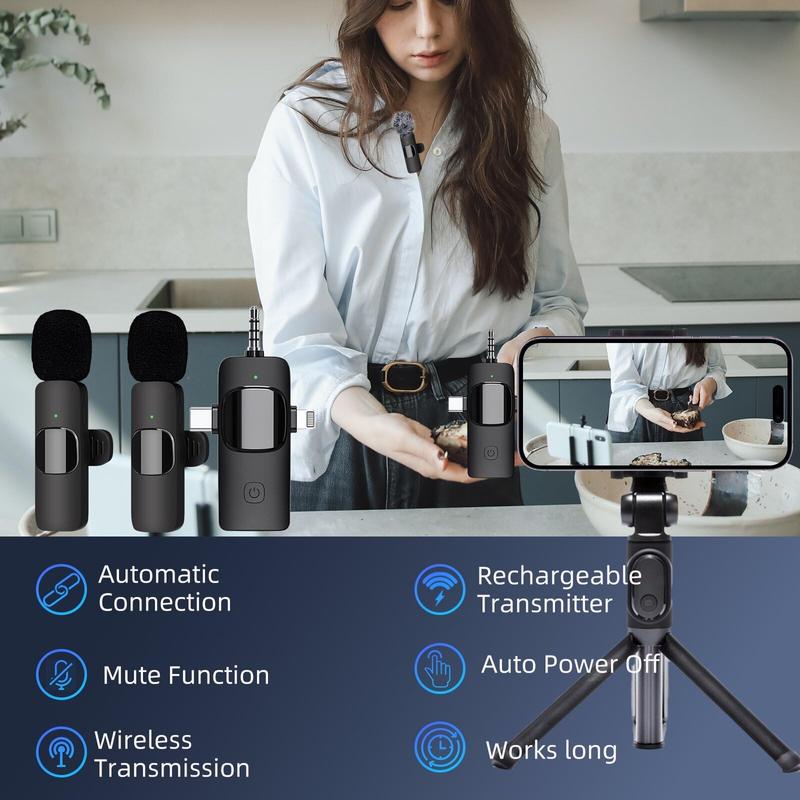 3-in-1 Mini Wireless Lavalier Microphone for iPhone Android Camera Mini Microphone, USB C Microphone, iPhone Mic,Video Recording Live Streaming, Vlogging, Interview, 2.4Gz Noise Canceling Double Mics USB Adapter