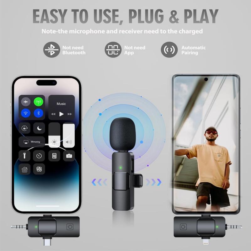 3-in-1 Mini Wireless Lavalier Microphone for iPhone Android Camera Mini Microphone, USB C Microphone, iPhone Mic,Video Recording Live Streaming, Vlogging, Interview, 2.4Gz Noise Canceling Double Mics USB Adapter