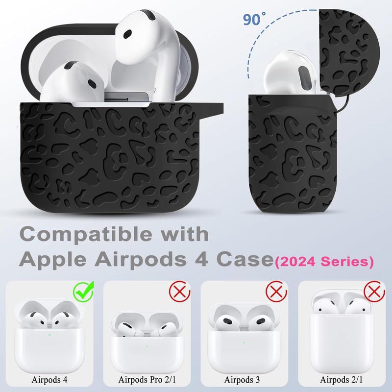 Engraved Leopard Case Compatible with AirPods 4th Generation Cover with Keychain, Skin Soft Cover for Compatible with AirPods 4 Case Full Protection,Front LED Visible, Black