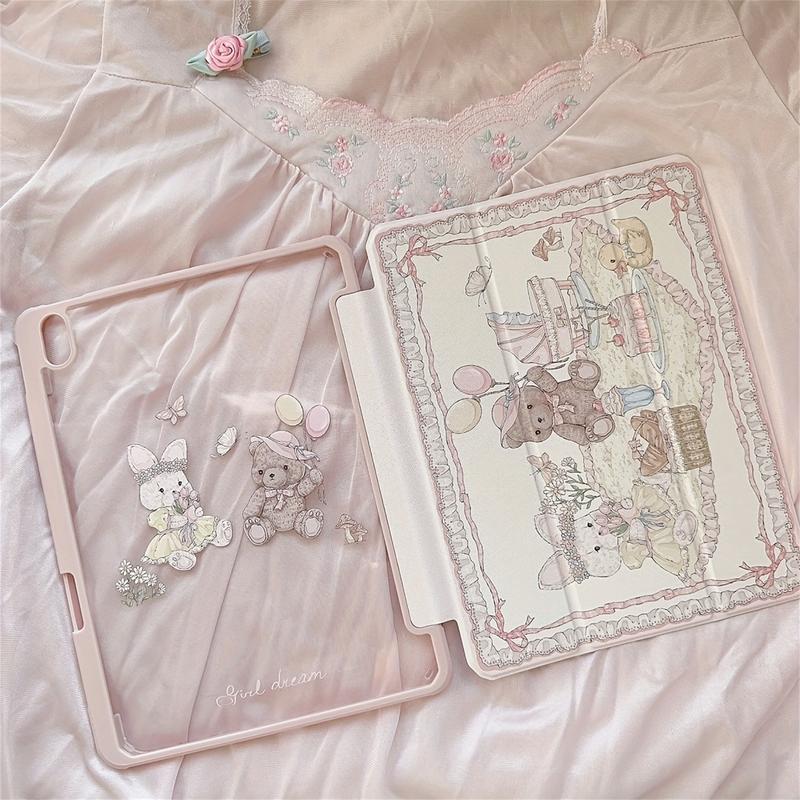 2-in-1 Tri-fold Stand Tablet Case, Pink Plush Doll Bear & Bunny Design, Compatible with iPad 10.2 Air4 Air5 Pro11 10th 10.9 9.7, Protective Cover with Cute Aesthetic Illustrations