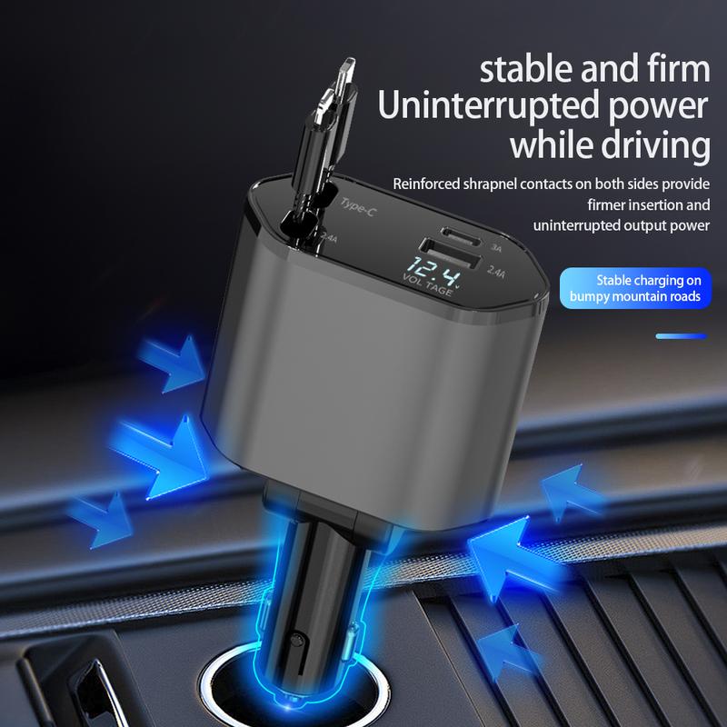 Retractable Car Charger 4 in 1, USB C Fast Charging Adapter with Lightning Cable&Dual Charge Port Compatible with iPhone 15 14 13 Pro Max Plus iPad AirPods,Samsung Galaxy S23 S22 S10,Google,Smartphone