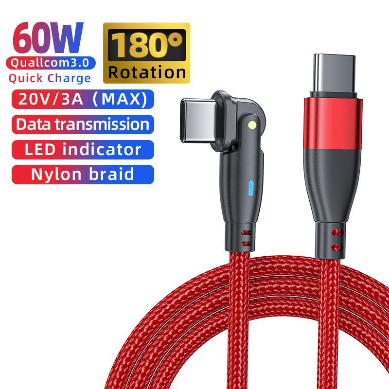 180° Bending Type C To Type C Data Cable, 1 Count 60W Fast Charging Data Cable, Mobile Phone Charging Cable