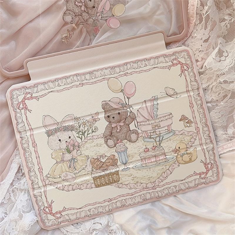 2-in-1 Tri-fold Stand Tablet Case, Pink Plush Doll Bear & Bunny Design, Compatible with iPad 10.2 Air4 Air5 Pro11 10th 10.9 9.7, Protective Cover with Cute Aesthetic Illustrations