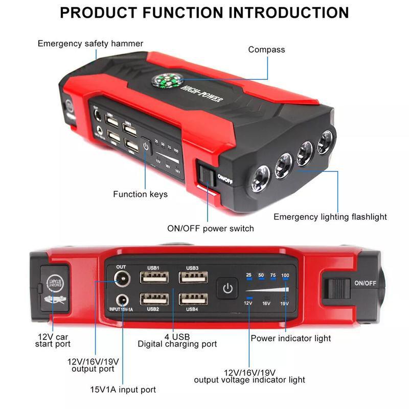 99800Mah Car Jump Starter Booster Jumper Box Power Bank Battery Charger Portable, 12V Car Battery Jump Power with LED Light W100 Portable Jumpstarter Accessories Phone Smartphone Jumper Cables Emergency Tools Access Orio De Carro Warning Flasher