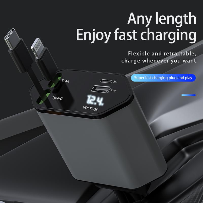 Retractable Car Charger 4 in 1, USB C Fast Charging Adapter with Lightning Cable&Dual Charge Port Compatible with iPhone 15 14 13 Pro Max Plus iPad AirPods,Samsung Galaxy S23 S22 S10,Google,Smartphone