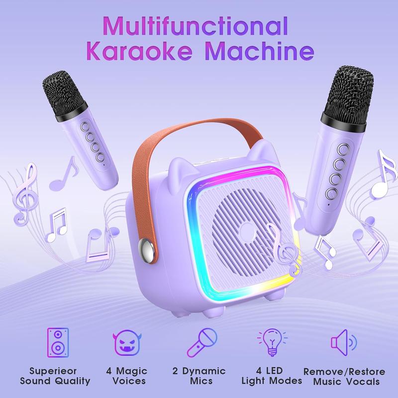 Mini Karaoke Machine for Kids:  Portable Karaoke Machine with 2 Bluetooth Wireless Microphones and Light Include 64GB-TFcard Toys Gifts for 3-14 Years Old Girls Boys (Purple 2 Mics)