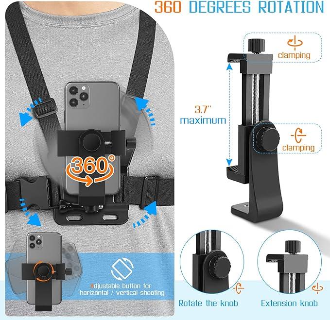 Mobile Phone Chest Mount Harness Strap Holder Cell Phone Clip Action Camera POV for Samsung iPhone Plus etc