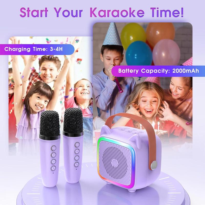 Mini Karaoke Machine for Kids:  Portable Karaoke Machine with 2 Bluetooth Wireless Microphones and Light Include 64GB-TFcard Toys Gifts for 3-14 Years Old Girls Boys (Purple 2 Mics)