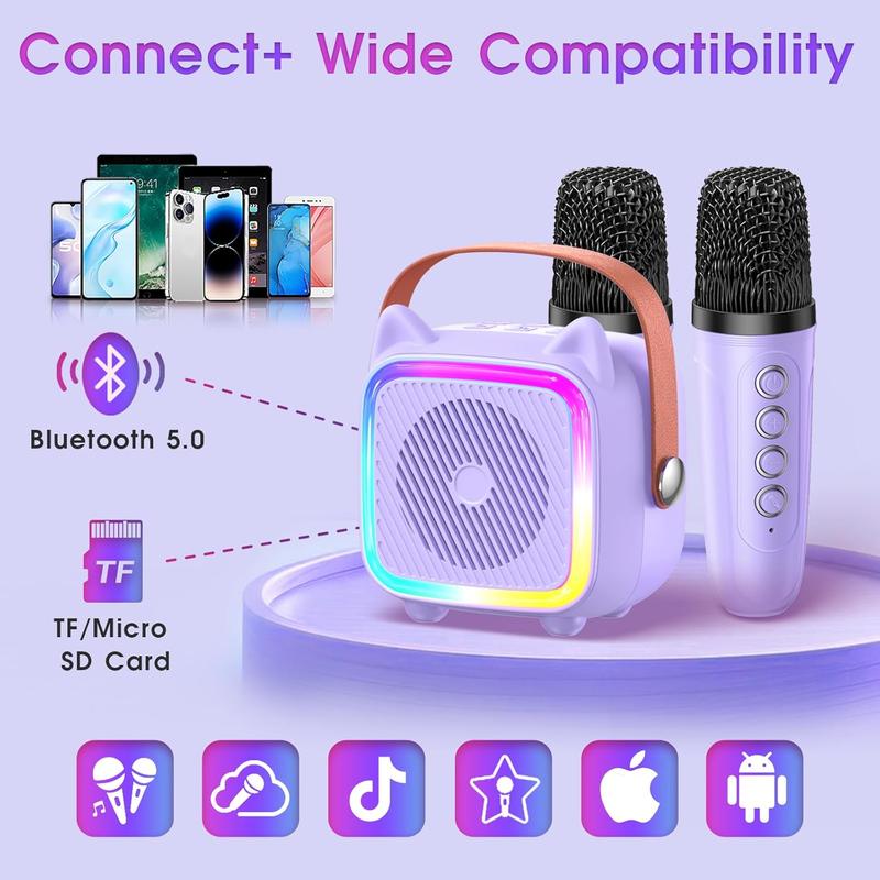 Mini Karaoke Machine for Kids:  Portable Karaoke Machine with 2 Bluetooth Wireless Microphones and Light Include 64GB-TFcard Toys Gifts for 3-14 Years Old Girls Boys (Purple 2 Mics)