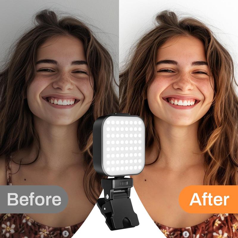 Portable LED rechargeable selfie light with front and rear clip-on cell phone light, adjustable 5 lighting modes for cell phone, IPhone, Android, IPad, laptop, makeup, selfie, video conference