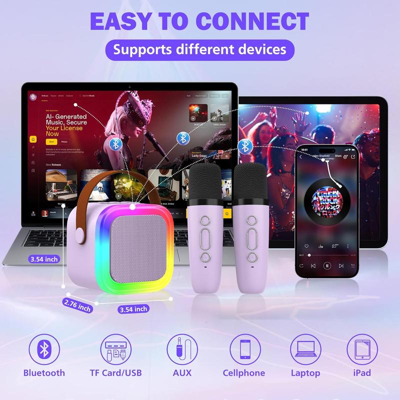 Mini karaoke machine for adults, portable Bluetooth speaker with 2 wireless microphones, toys birthday gifts for ES 4, 5, 6, 7, 8,9,10,11,12 + family home party (purple)