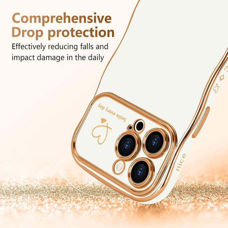 Luxury Plating Shockproof Phone Case for iPhone 16 15 14 13 12 Pro Max，Cute Wave Shape with Love Heart Raised Camera Protection Phone case Accessories Durable Silicone Shiny Silicone Shiny，iPhone Case for Women Girls,