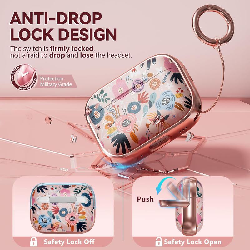 with Safety Lock  Airpods Pro 2nd 1st Generation Case Cover, Flowers Cute AirPods Pro 2 Case Hard iPod Pro Case for Women Girls with Cleaner Kit for AirPod Pro Case (2023 USB-C  2022 2019) - Pink