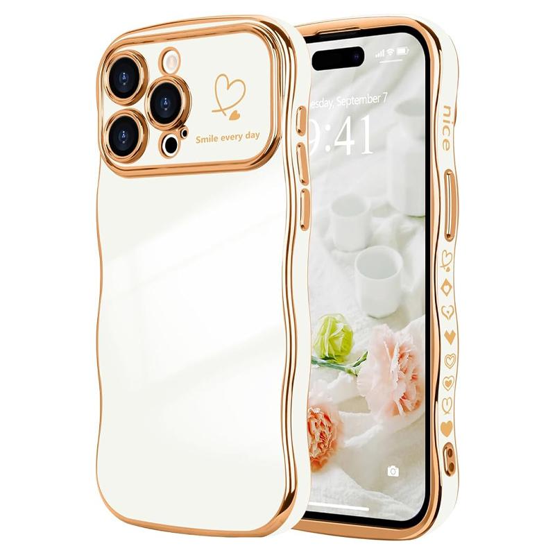 Luxury Plating Shockproof Phone Case for iPhone 16 15 14 13 12 Pro Max，Cute Wave Shape with Love Heart Raised Camera Protection Phone case Accessories Durable Silicone Shiny Silicone Shiny，iPhone Case for Women Girls,