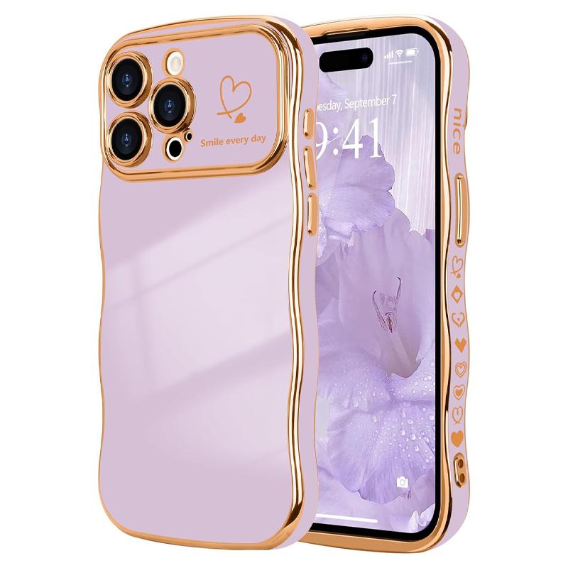 Luxury Plating Shockproof Phone Case for iPhone 16 15 14 13 12 Pro Max，Cute Wave Shape with Love Heart Raised Camera Protection Phone case Accessories Durable Silicone Shiny Silicone Shiny，iPhone Case for Women Girls,