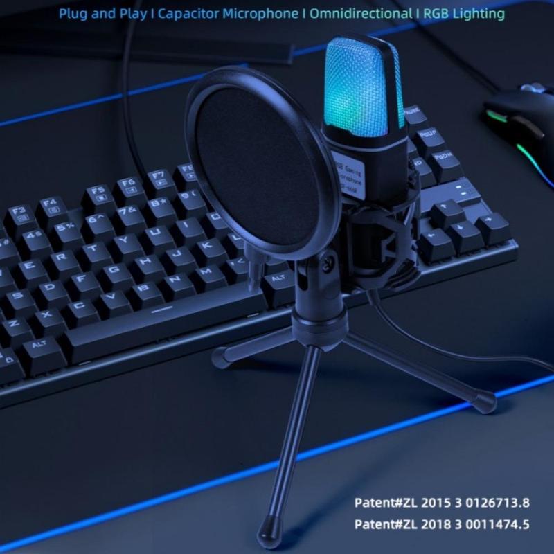 Professional RGB Gaming Microphone, USB Powered Condenser Microphone with Stand, Portable Microphone for Music Recording, Live Streaming & Podcast Broadcast