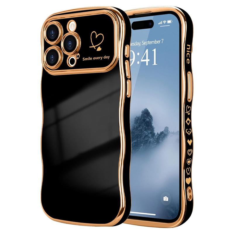 Luxury Plating Shockproof Phone Case for iPhone 16 15 14 13 12 Pro Max，Cute Wave Shape with Love Heart Raised Camera Protection Phone case Accessories Durable Silicone Shiny Silicone Shiny，iPhone Case for Women Girls,