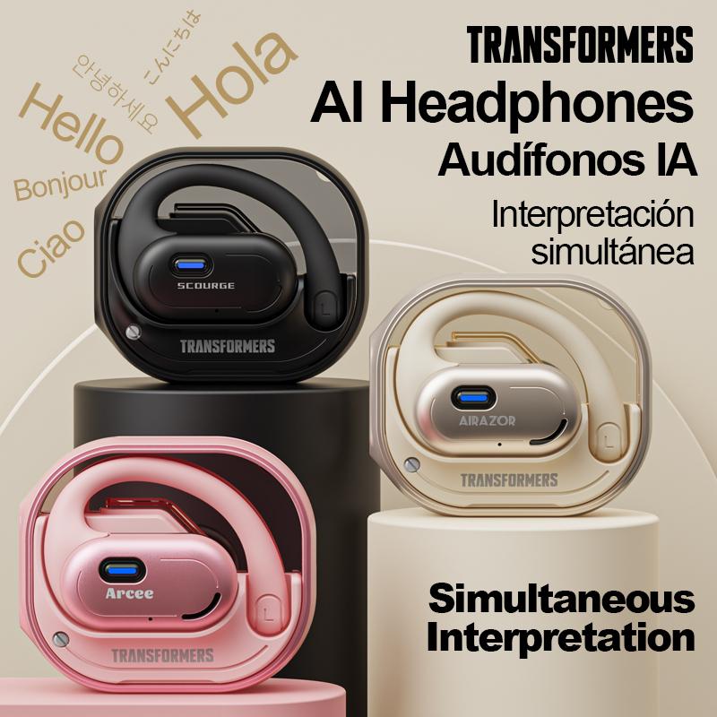 Transformers TF-T15 AI Translation Headset Supports real-time Bluetooth translation in 75 languages 5.4 Surround sound、high-resolution acoustics、streamlined ear-hook design High-quality drive units 360° panoramic view Virtual mixing technology