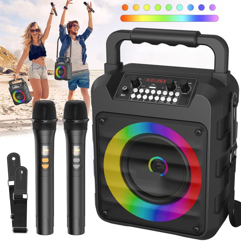 Karaoke Machine with 2 Wireless Microphones, Portable 30W Home Speaker System for Adults with Disco Lights and Strap light box