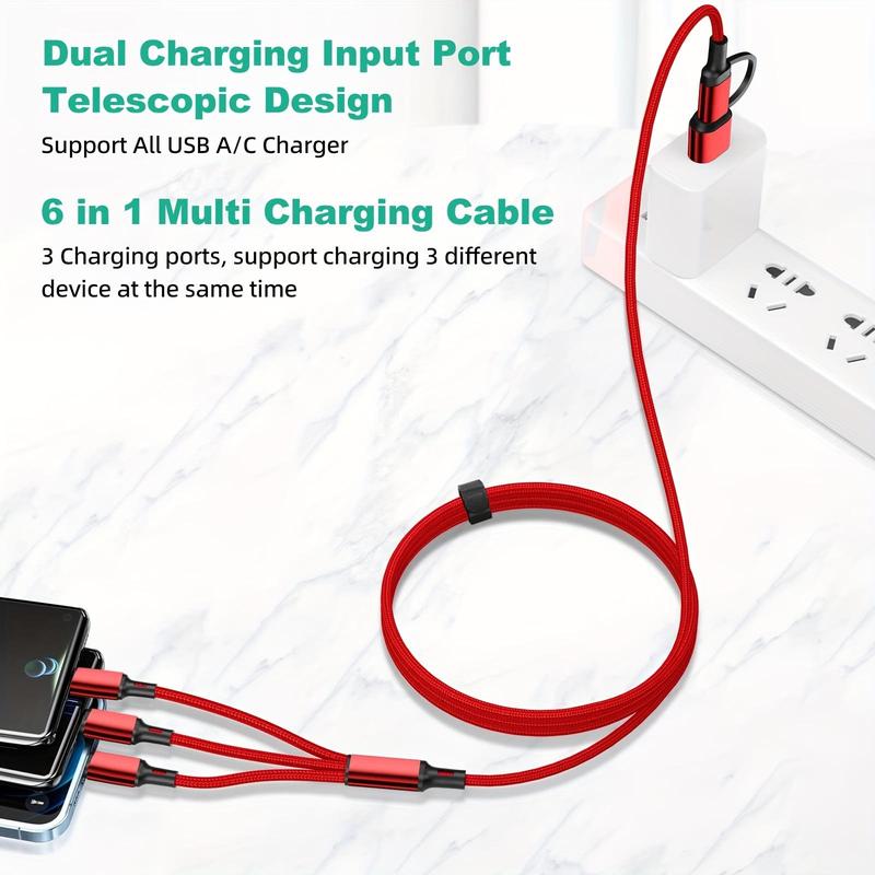 6-In-1 Multi Charging Cable, Nylon Braided Data Cable, Multifunctional Charging Cable for Home Office