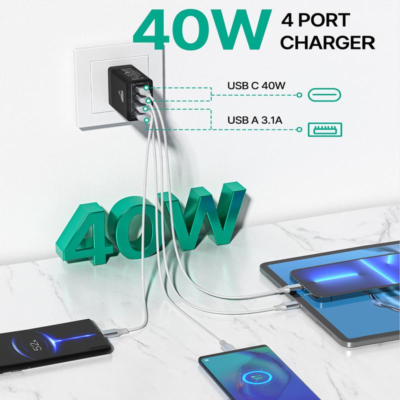 Aioneus fast charger set, 4Pcs 6.6FT 4-in-1 Multi USB Charging Cable & 4-Port 60W Fast Charger Block, Family sharing pack, Christmas gift, black friday