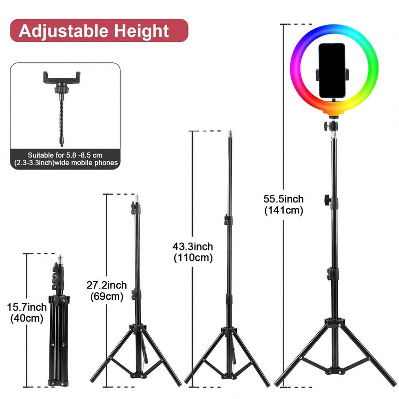 10 Inch Professional Selfie Ring Light With Stand -55.5 Inches High, 38 Color Modes, Stepless Dimming, Speed LED, Tripod Stand, Makeup, Video Recording, Live Streaming, Photography, Portable Lightweight Phone Stand, Holiday Parties, Christmas Gifts