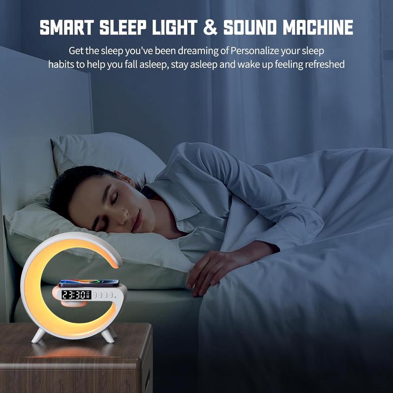 Wireless Speaker with RGB Night Light & Alarm Clock, Multifunctional Wireless Speaker, Sound System, 5W Wireless Charger Station for iPhone Samsung Xiaomi Huawei, Bluetooth-compatible Speaker