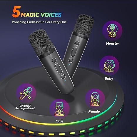 Mini karaoke machine with microphone sound system, portable karaoke machine with 2 wireless microphones, birthday gifts for girls and children aged 4-12, family gatherings