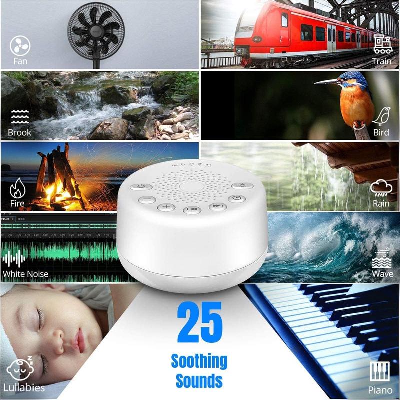 White Noise Machine with 25 Soothing Sounds and Night Lights with Function 32 Levels of Volume and 5 Sleep Timer Powered by AC or USB for Sleeping Relaxation (White)