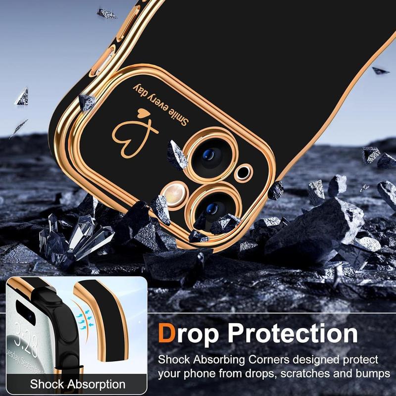 [Free! ship] Case For iPhone 16 15 14 Pro Max for Women Girls Curly Frame Cute Wave Shape Love Heart Raised Camera Protection Cover Luxury Plating Shockproof Back Case for iPhone 16 15 14 Series Phone Camera Protection Cover Luxury Plating Shockproof Case