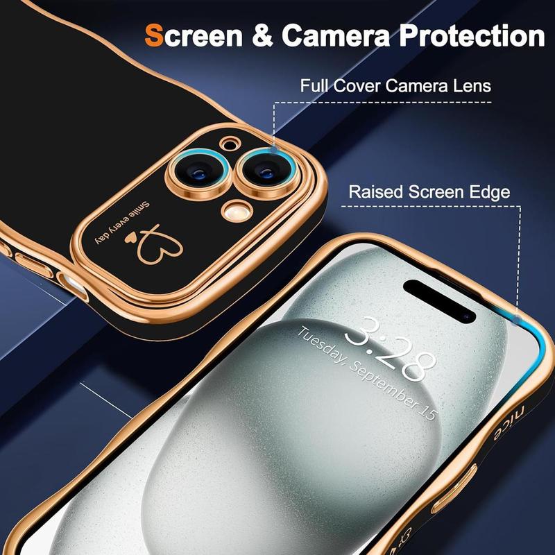 [Free! ship] Case For iPhone 16 15 14 Pro Max for Women Girls Curly Frame Cute Wave Shape Love Heart Raised Camera Protection Cover Luxury Plating Shockproof Back Case for iPhone 16 15 14 Series Phone Camera Protection Cover Luxury Plating Shockproof Case