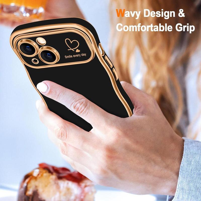 [Free! ship] Case For iPhone 16 15 14 Pro Max for Women Girls Curly Frame Cute Wave Shape Love Heart Raised Camera Protection Cover Luxury Plating Shockproof Back Case for iPhone 16 15 14 Series Phone Camera Protection Cover Luxury Plating Shockproof Case