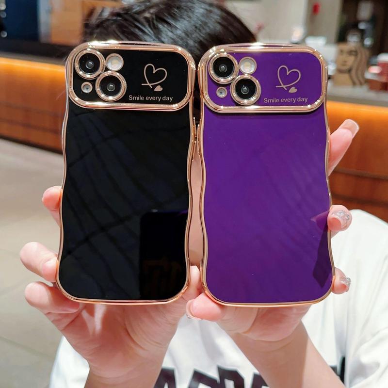 for iPhone Case for Women Girls, Compatible with iPhone 11 to 16 Pro Max Cute Wave Frame Curly Shape with Love Heart Raised Camera Protection Cover Luxury Plating Shockproof Case