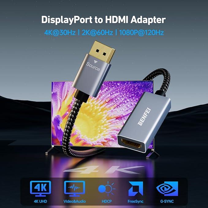 BENFEI 4K DisplayPort to HDMI Adapter Cable, (2K 60Hz, 1080p 120Hz) Uni-Directional Male to Female Converter Accessories Connector