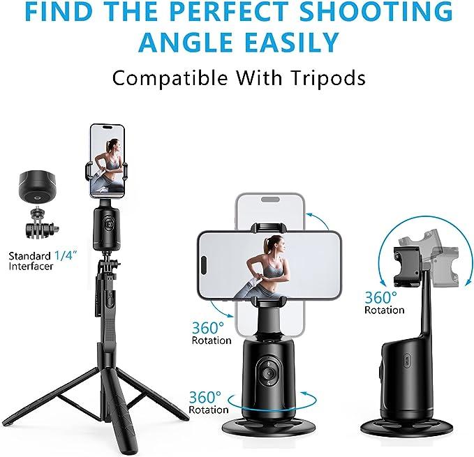 Auto Face Tracking Tripod, No App, 360° Rotation Face Body Phone Camera Mount 3000mAh Rechargeable Battery Gesture Control, Smart Shooting Holder for Vlog, Streaming, Video