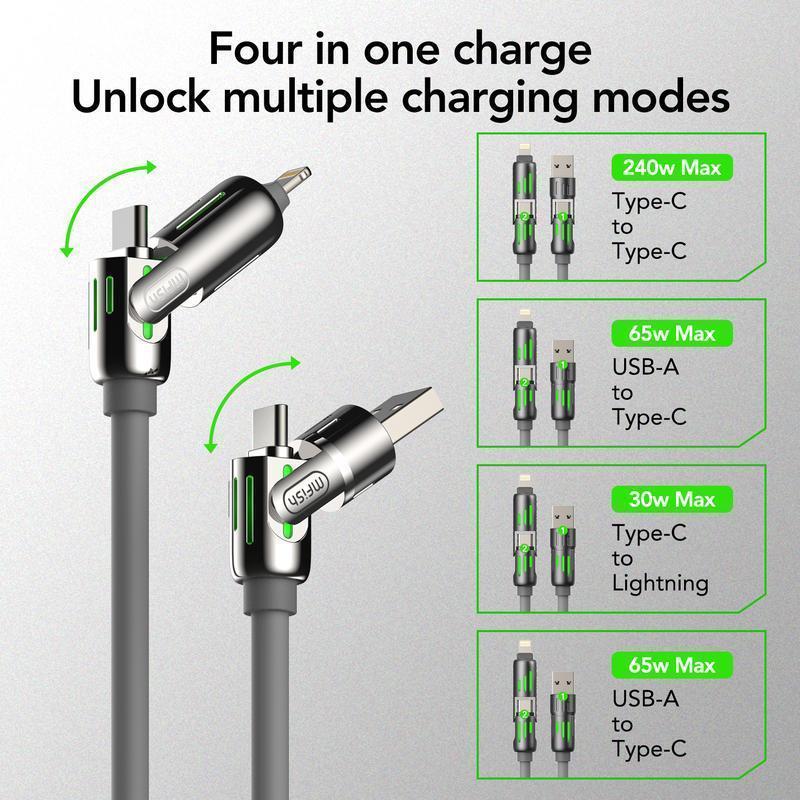 4-in-1 Multi USB Charging Cable with USB A,Type C, Lightning -MAX 240W Fast Charging & Data Sync for iPhone 16 15, iPad Pro, Samsung & Laptops