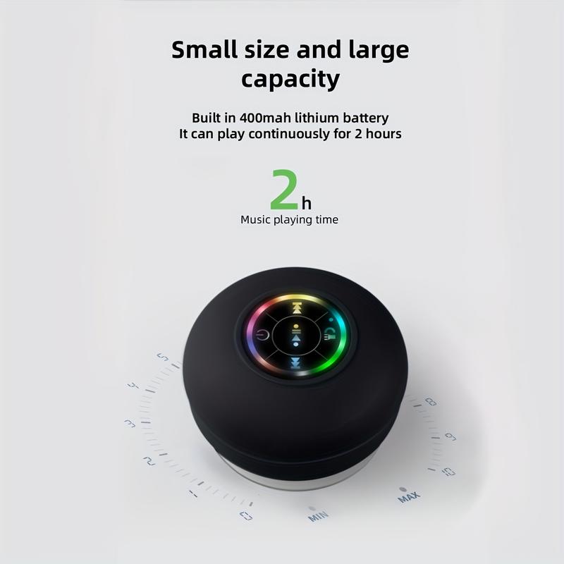 Waterproof Speaker, Portable Wireless Speaker With Suction Cup, USB Rechargeable Black Speaker With 2 Hours Play Time 3.7V 400mah Battery 5.0 Wireless Version Life For Parties, Bathroom, Travel, Home, And Outdoor (Suction Cups Must Be On A Smooth Surface