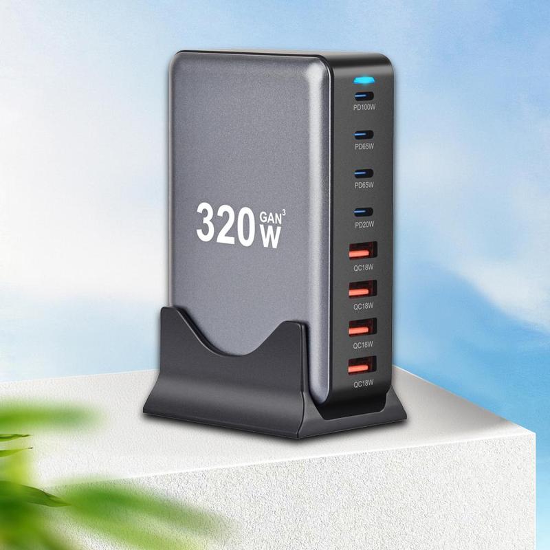 320W Desktop PD Charger, 4 USB A & 4 USB C Ports PD Charger, Multifunctional GaN 8-Port PD Charger for Home Office Use