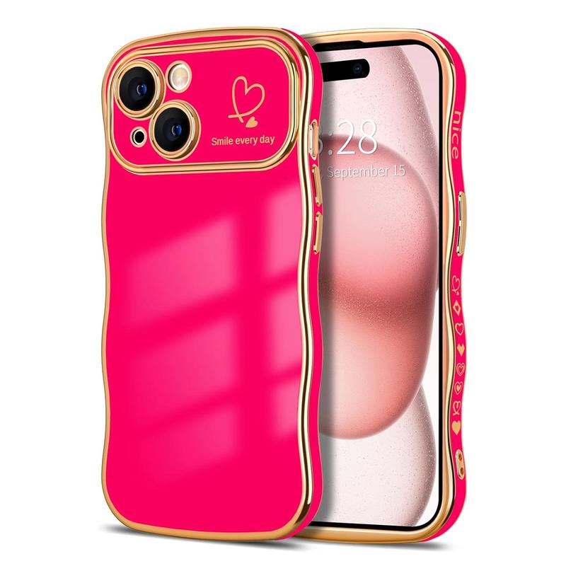 Soft TPU Silicone Phone Case For iPhone 16 15 14 Pro Max Case for Women Girls, Cute Wave Frame Curly Shape with Love Heart Raised Camera Protection Cover Luxury Plating Shockproof Phone Case