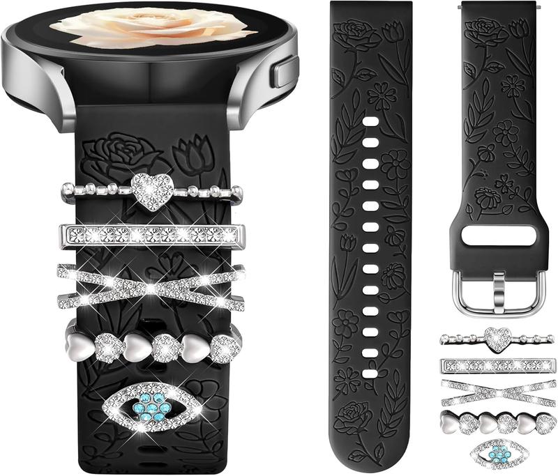 Flower Engraved Band Compatible with Samsung Galaxy Watch 7 Band FE 6 5 4 40mm 44mm,Galaxy Active 2, 20mm Watch Band Soft Silicone Replacement Strap with Decorative Charms Accessories Women