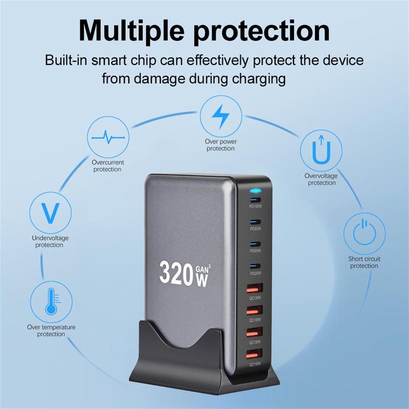 320W Desktop PD Charger, 4 USB A & 4 USB C Ports PD Charger, Multifunctional GaN 8-Port PD Charger for Home Office Use