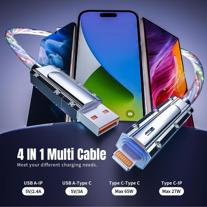 PQRQP 4-in-1 Multi Fast Charging Cable 4FT,LED Light Up USB C CableFast Charging with Hook-and-Loop Fastener Multi iPhone Charger Cord for iPhone 16 15 Pro Max 15 Plus  14 13 Pro iPad Android MMacBook Samsung