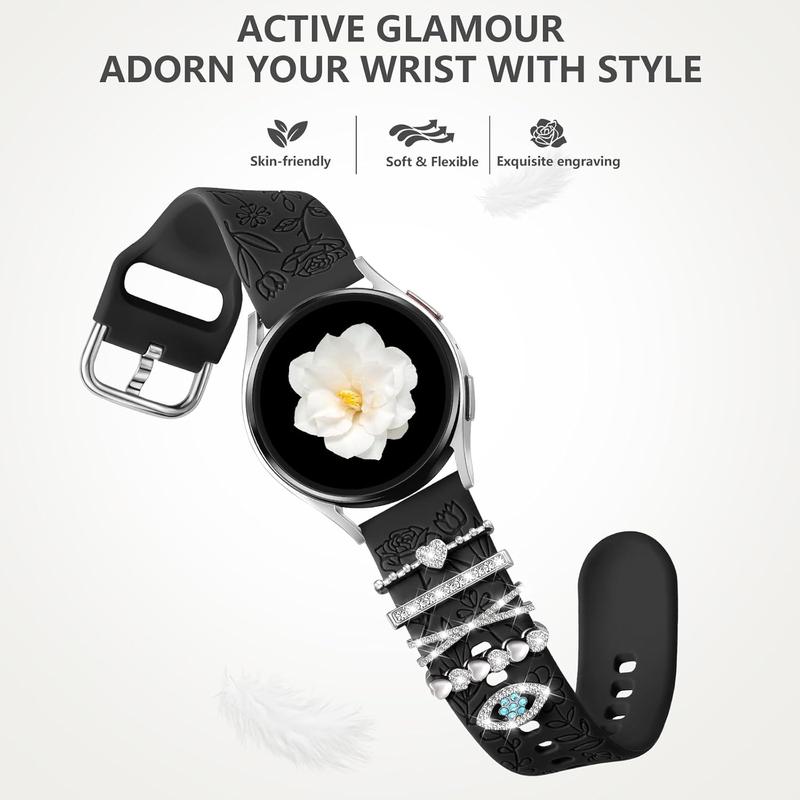 Flower Engraved Band Compatible with Samsung Galaxy Watch 7 Band FE 6 5 4 40mm 44mm,Galaxy Active 2, 20mm Watch Band Soft Silicone Replacement Strap with Decorative Charms Accessories Women