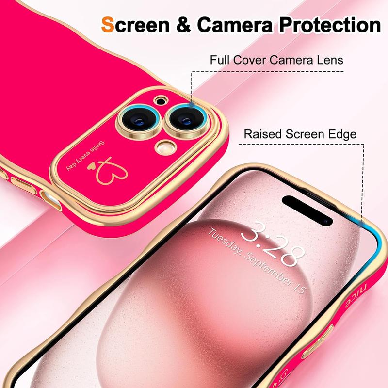 Soft TPU Silicone Phone Case For iPhone 16 15 14 Pro Max Case for Women Girls, Cute Wave Frame Curly Shape with Love Heart Raised Camera Protection Cover Luxury Plating Shockproof Phone Case